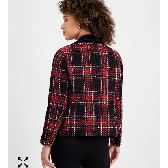 Kasper Plaid Tweed Blazer Jacket Sz 14 Women Red Black Velvet Collar Trim New - Picture 3 of 15
